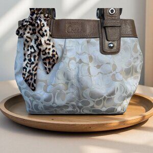 Coach Shimmery Creams & Tan Soho Pleated Optic Signature C Tote  Vegan Leather